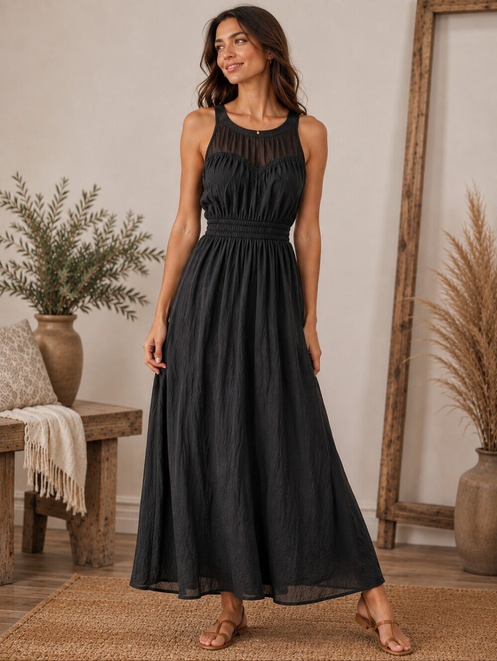 NWT Old Navy Black Maxi Dress Halter Cinched Waist Women's XS Sheer Details New
